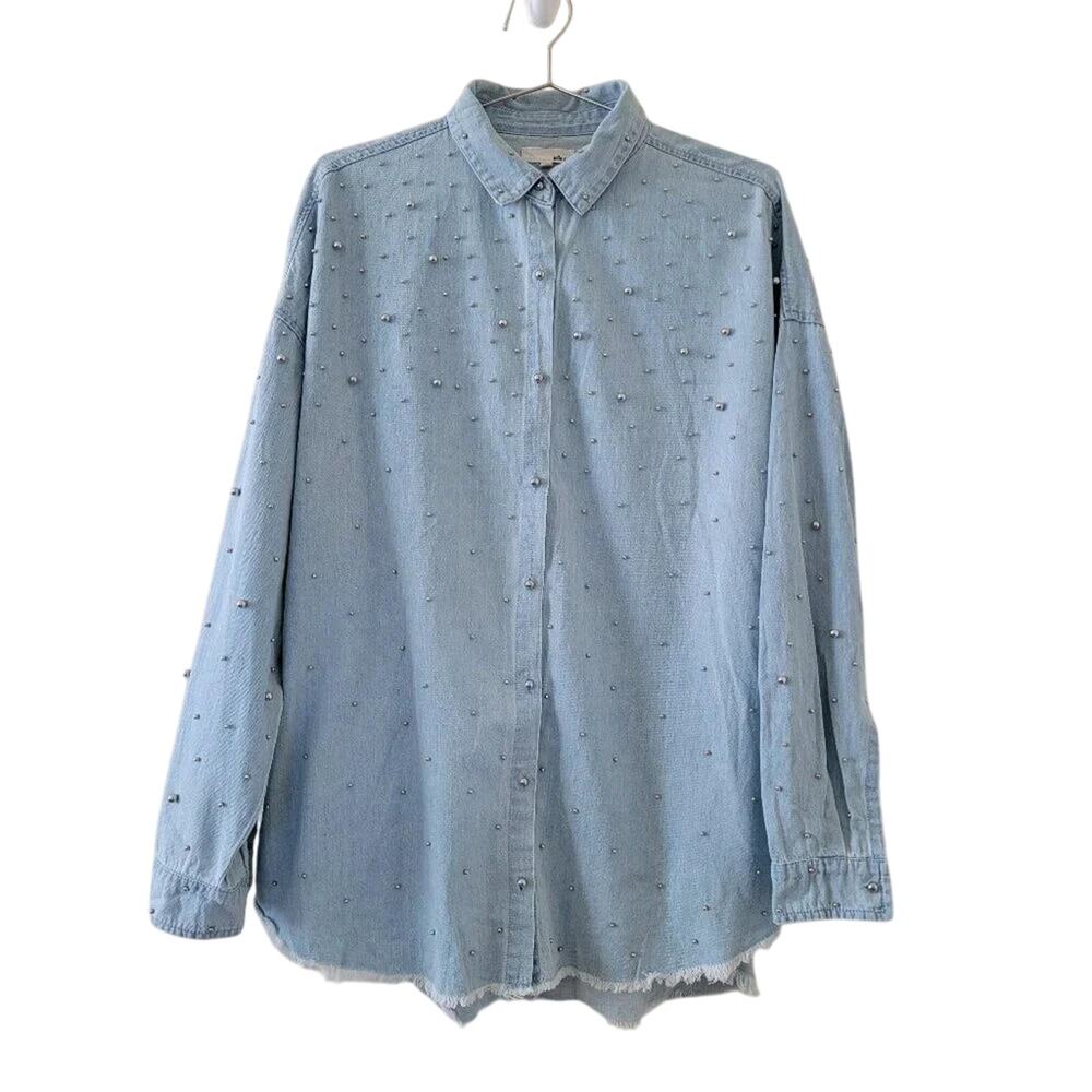 Jella C Embellished Denim Button Down Top Womens Size M Light Blue Silver Studs